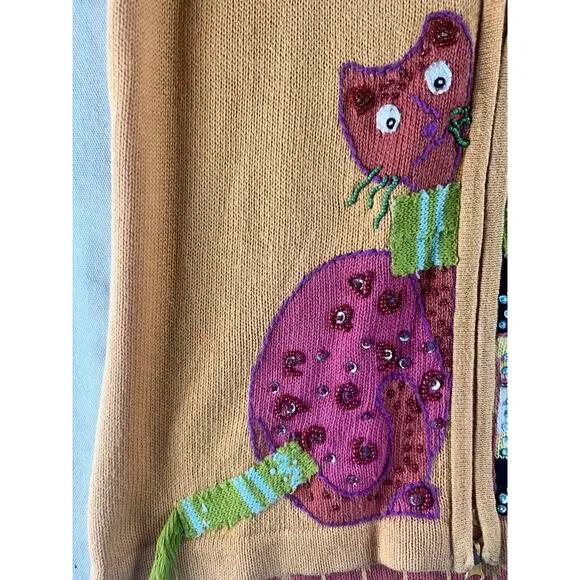 Susan Bristol Cats Sweater Vest Womens Large Orange Pink Beaded Calico Sequins - Picture 4 of 13